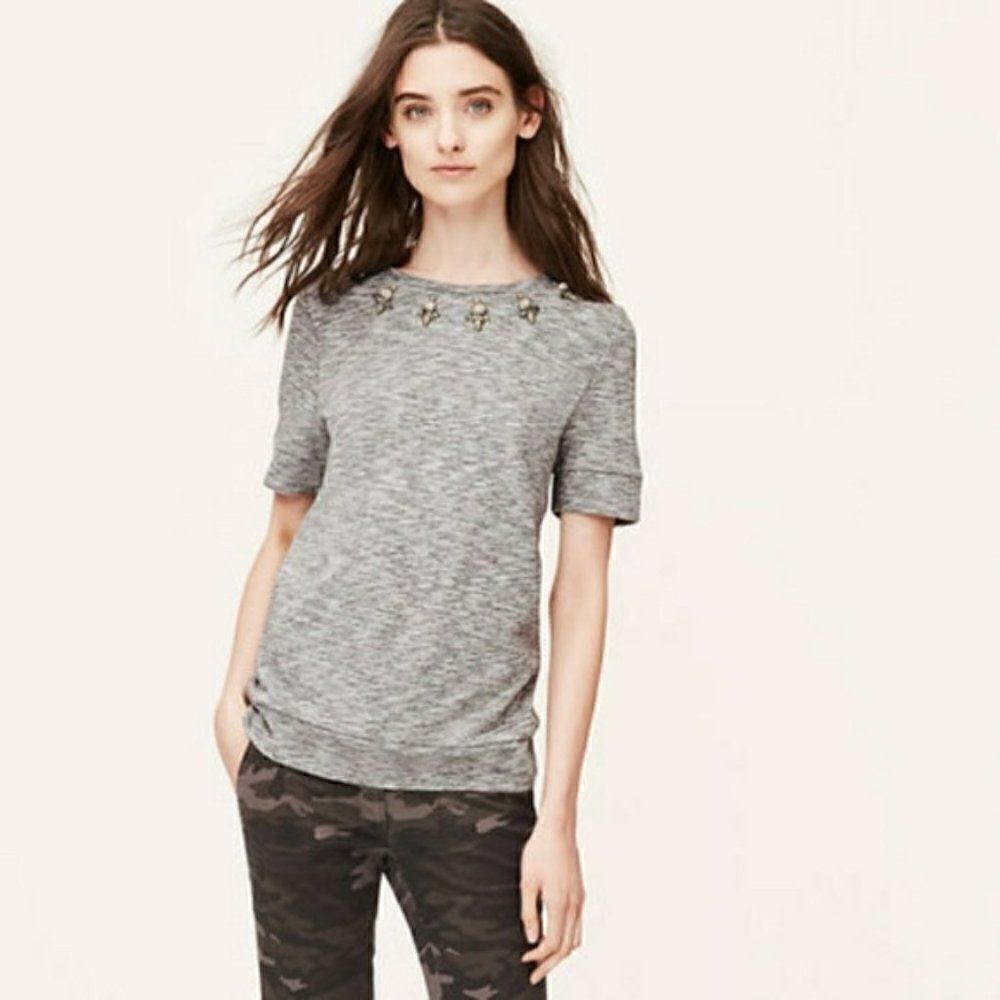 LOFT Jeweled Collar Sweat Shirt Top Gray Medium - Picture 2 of 3
